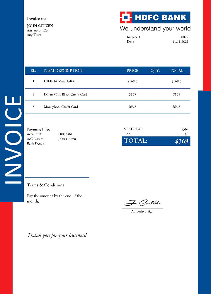 USA HDFC invoice template PSD template